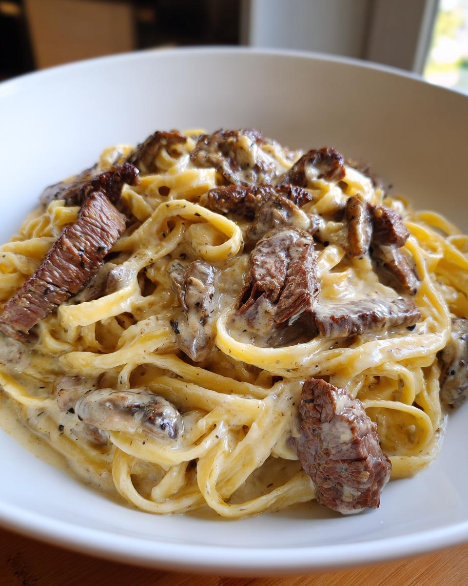 Nahaufnahme von cremiger Steak-Alfredo-Pasta mit Bandnudeln und saftigen Steakstücken in einer tiefen weißen Schüssel.