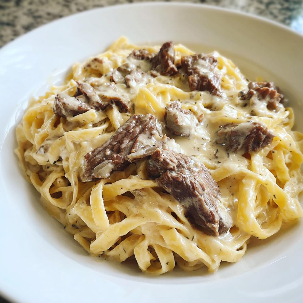 Eine Nahaufnahme von hausgemachter Cremige Steak-Alfredo-Pasta mit breiten Bandnudeln und saftigen Steakstücken in cremiger Sauce.