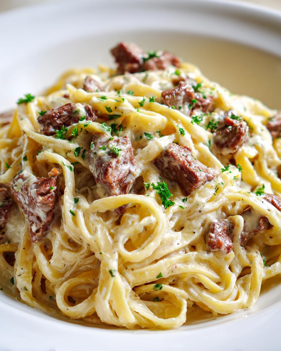 Nahaufnahme einer Portion cremiger Steak-Alfredo-Pasta mit Fettuccine, reichhaltiger Soße und Fleischstücken, garniert mit Petersilie.