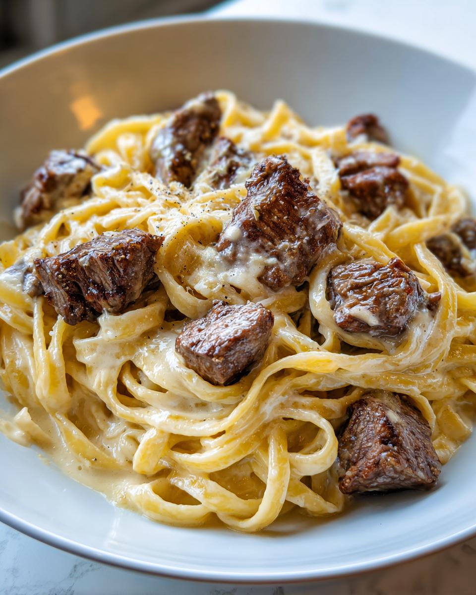 Nahaufnahme von leckeren Bandnudeln in cremiger Soße mit saftigen Steakstücken: Cremige Steak-Alfredo-Pasta.