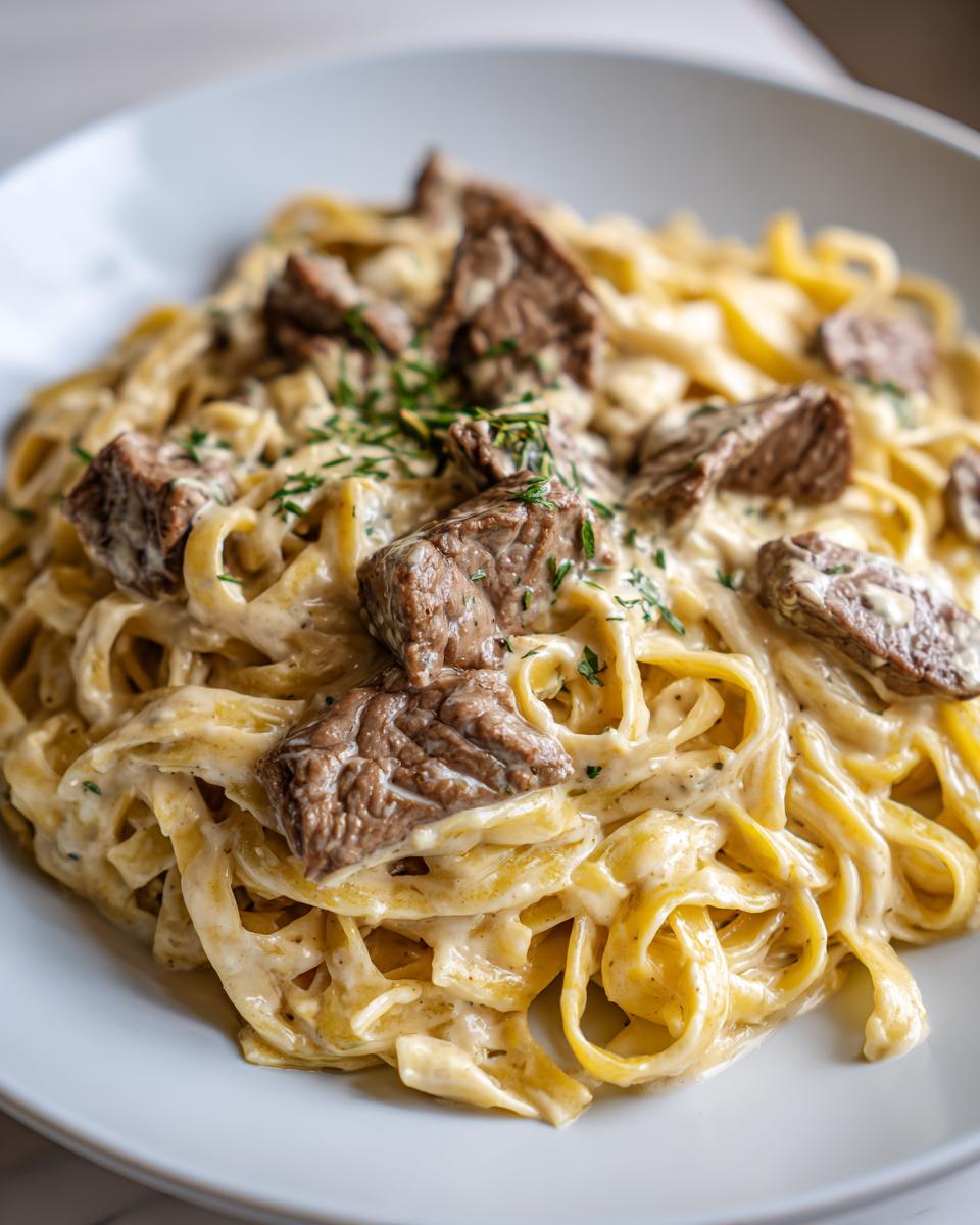 Nahaufnahme von Cremige Steak-Alfredo-Pasta mit Fettuccine, cremiger Soße und saftigen Steakstücken, garniert mit Petersilie.