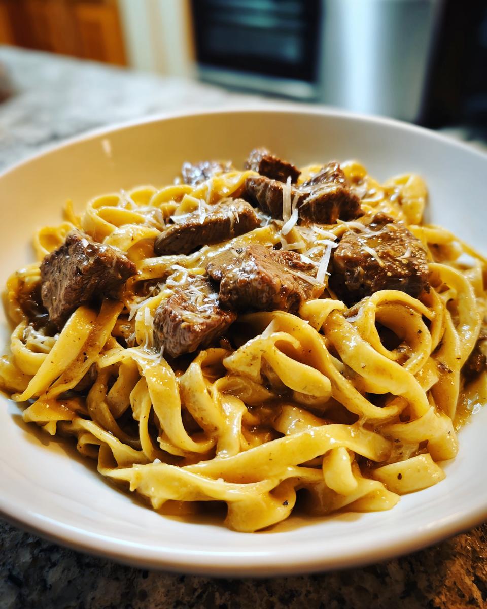 Nahaufnahme einer Schüssel mit cremiger Steak-Pasta, belegt mit saftigen Fleischstücken und Parmesan.
