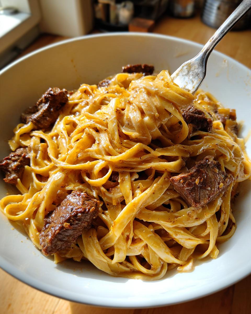 Nahaufnahme einer Schüssel mit Cremige Steak-Pasta, bedeckt mit einer reichhaltigen Knoblauch-Parmesan-Sauce und Fleischstücken.