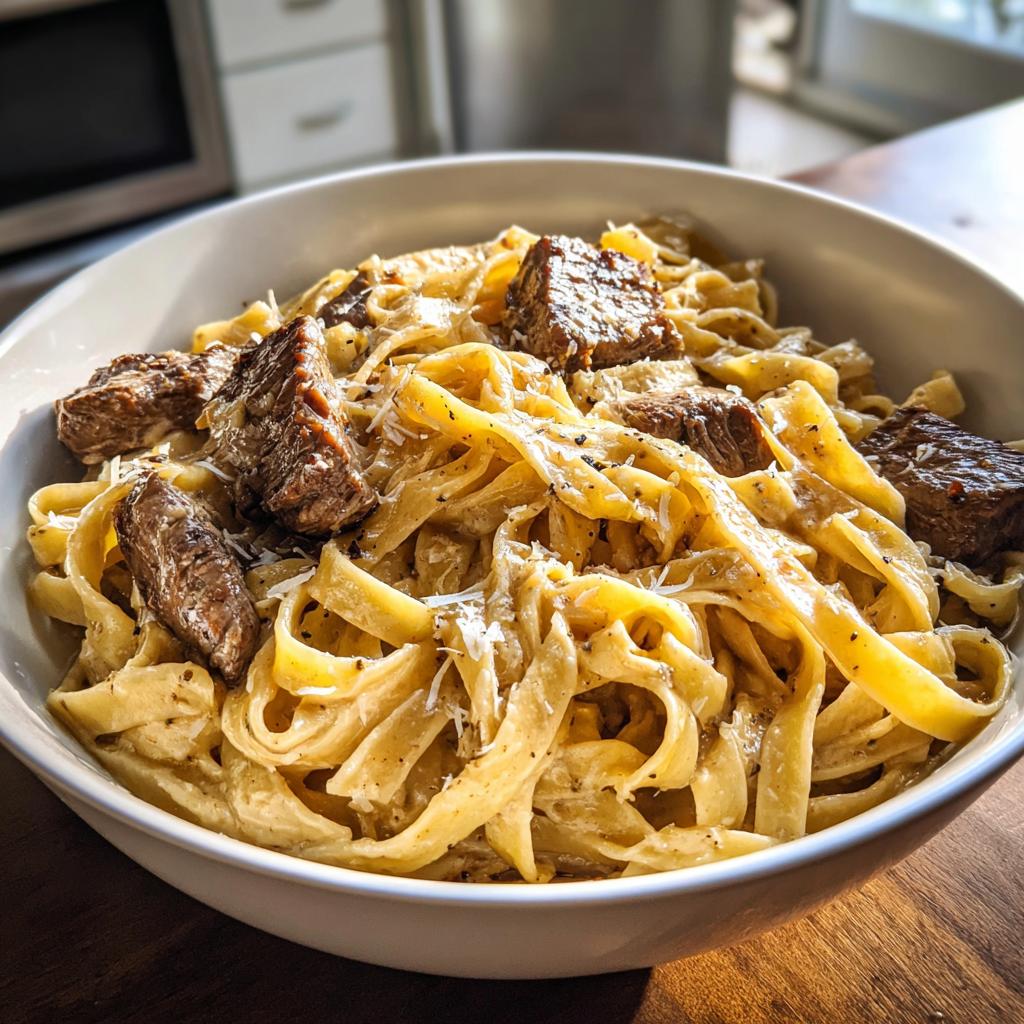 Nahaufnahme einer Schüssel mit cremiger Steak-Pasta, garniert mit Parmesan und Pfeffer.