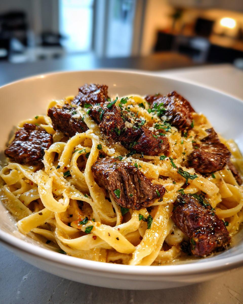 Nahaufnahme einer Schüssel mit cremiger Steak-Pasta, belegt mit saftigen Steakstücken und Parmesan.