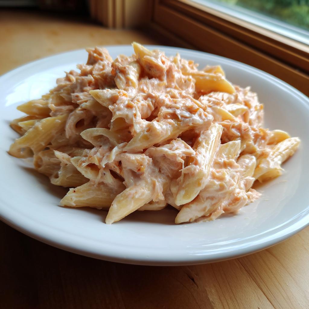 Ein Teller mit cremiger Thunfisch-Frischkäse-Pasta, angerichtet auf einem Holztisch am Fenster.