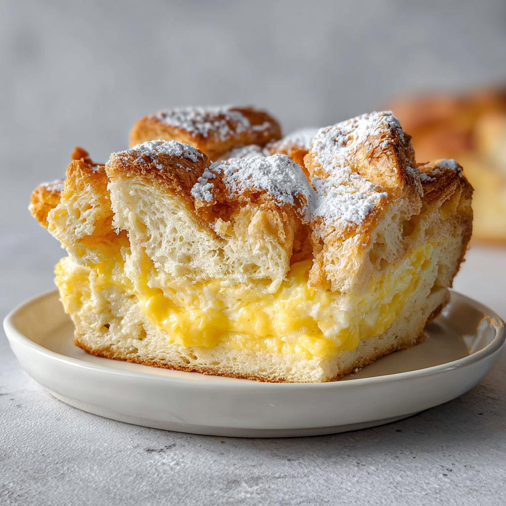 Ein saftiges Stück Croissant-Auflauf mit Vanillecreme, bestäubt mit Puderzucker, auf einem kleinen Teller.
