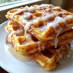 Ein Stapel goldbrauner Croissant-Waffeln, reichlich übergossen mit dicker, weißer Vanilleglasur.