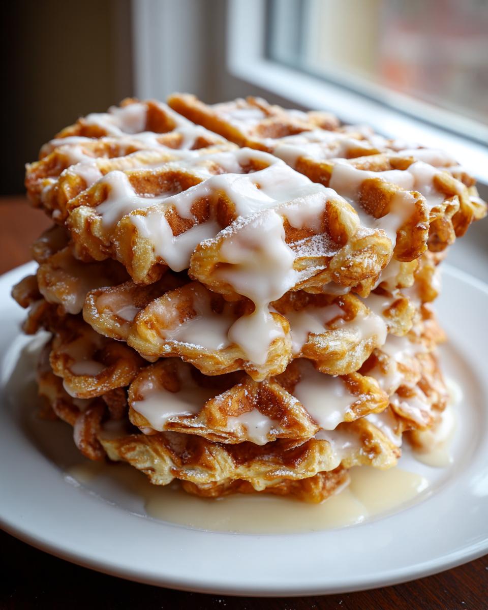 Ein hoher Stapel goldbrauner Croissant-Waffeln, üppig übergossen mit dicker, weißer Vanilleglasur.