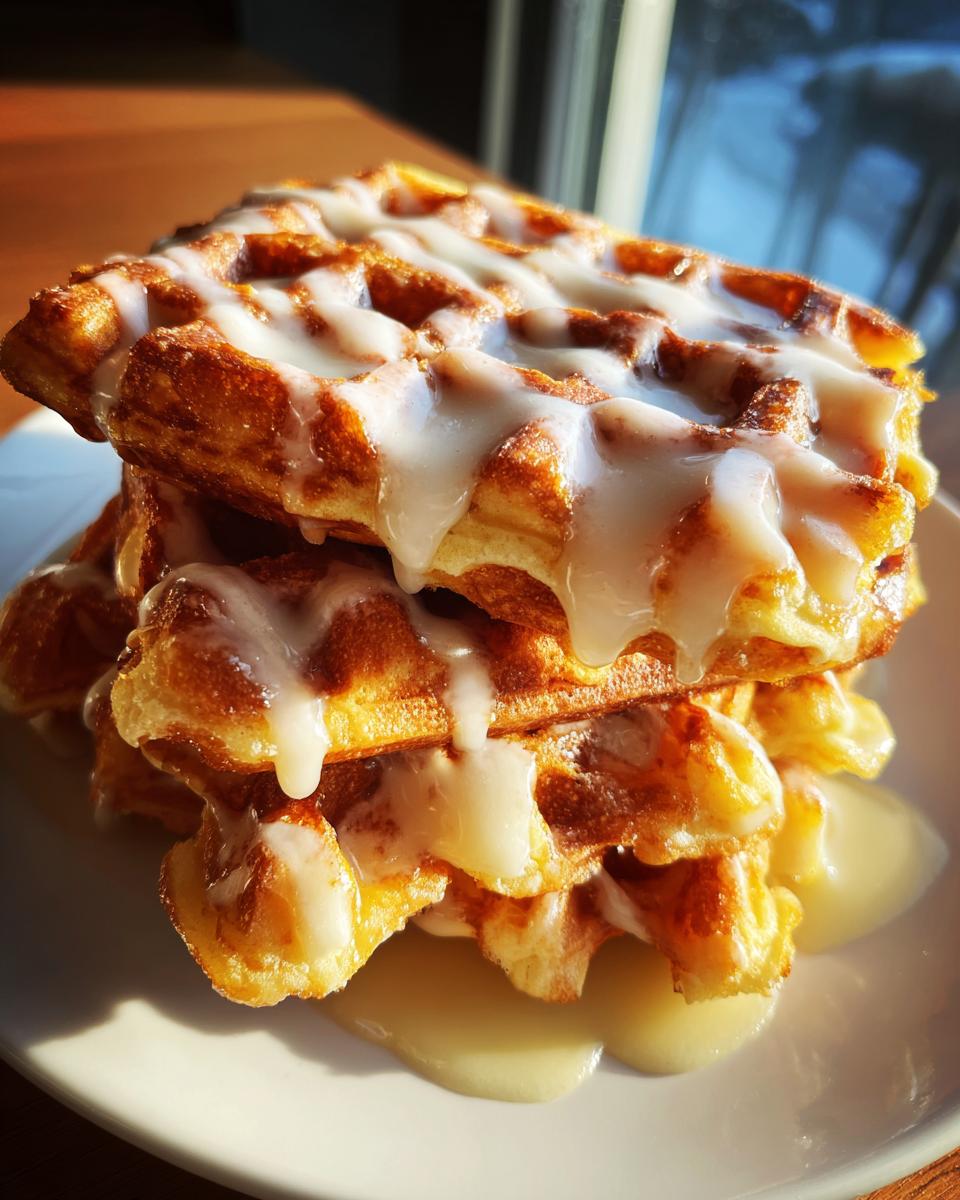 Ein Stapel goldbrauner Croissant-Waffeln, üppig übergossen mit dicker Vanilleglasur.
