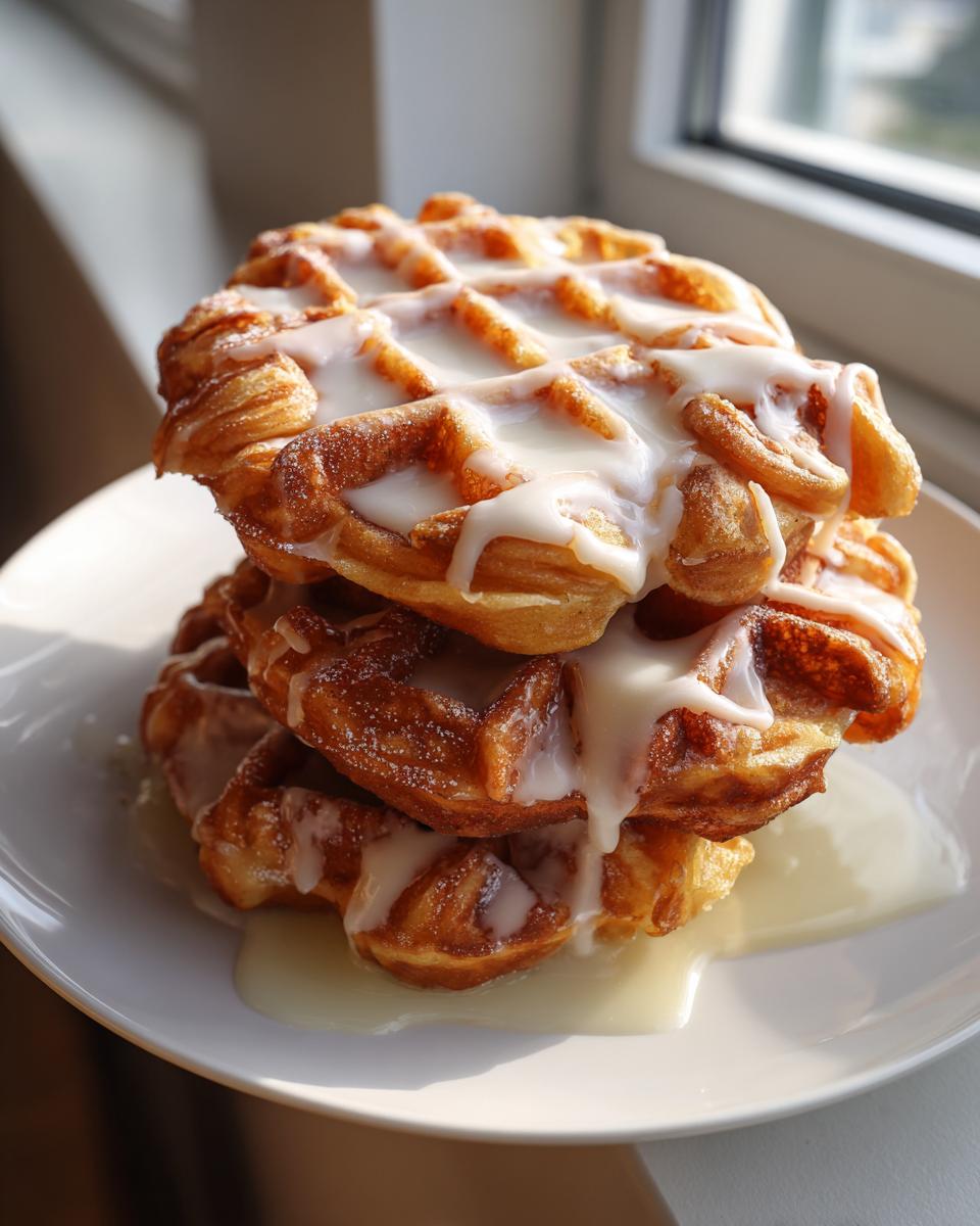 Ein Stapel goldbrauner Croissant-Waffeln, übergossen mit dicker Vanilleglasur, auf einem weißen Teller.