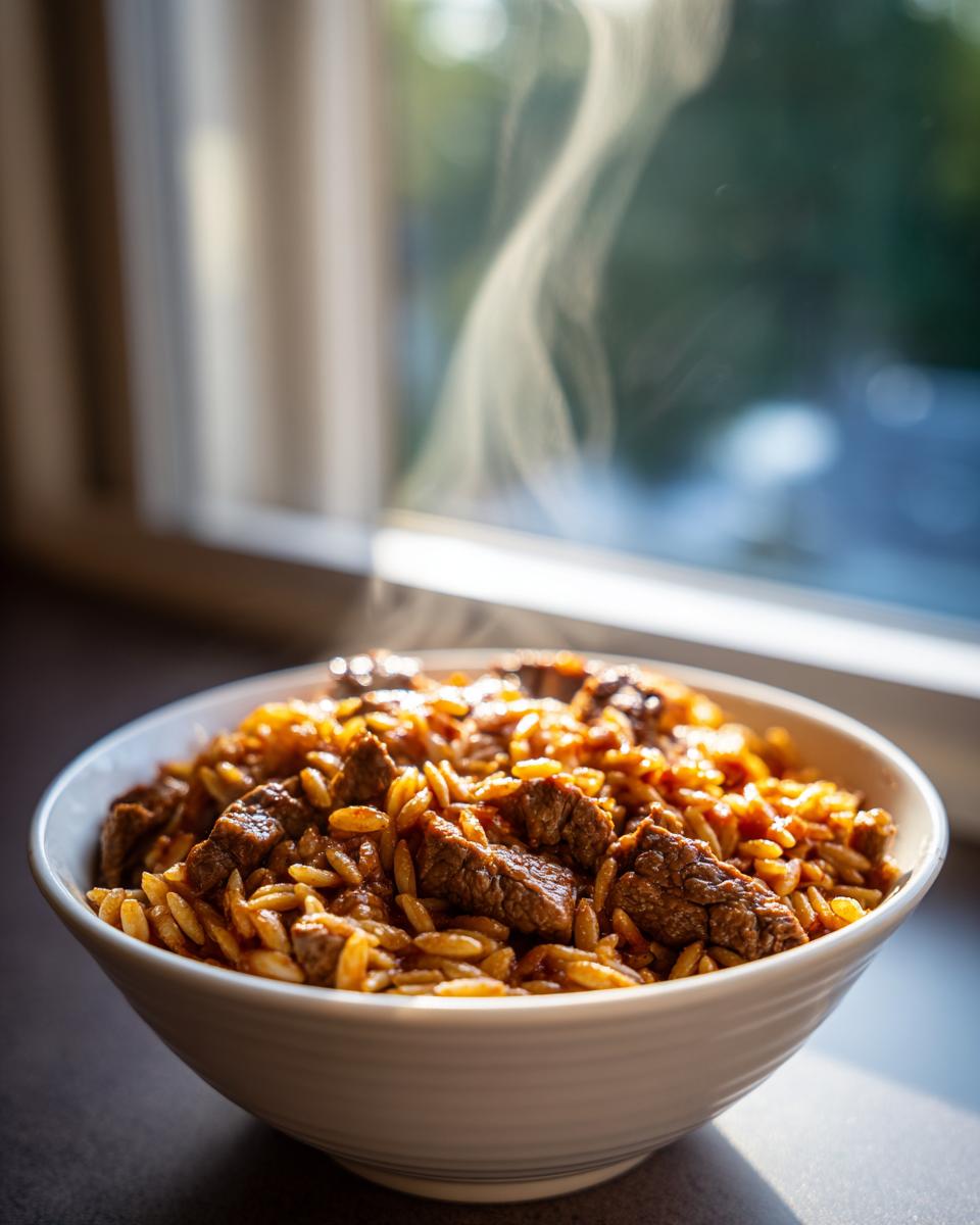 Eine Schüssel dampfendes Kritharaki mit Steakstreifen, appetitlich angerichtet vor einem hellen Fenster.