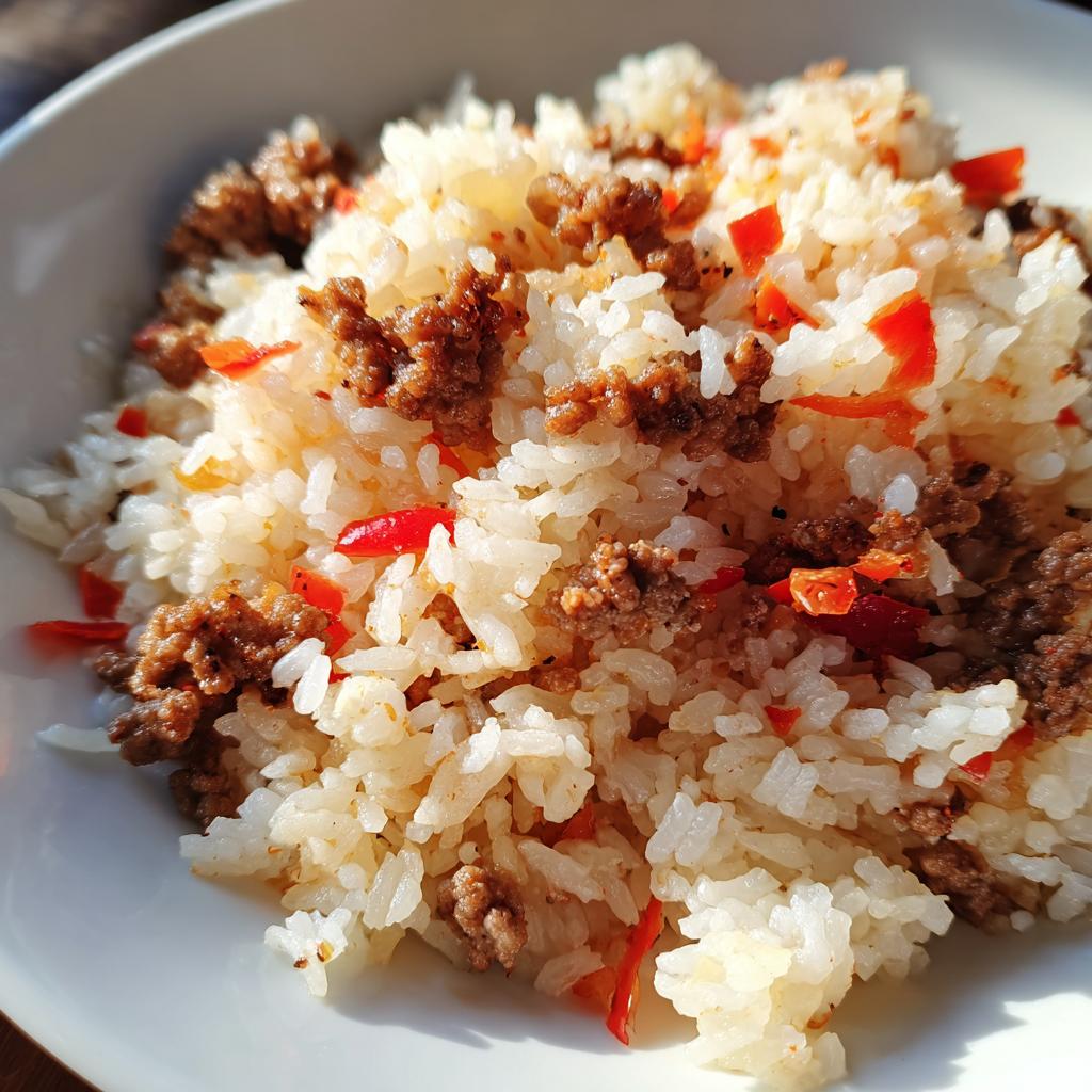 Nahaufnahme von lockerem Reisgericht, Djuvec-Reis mit Hackfleisch und roten Paprikastückchen in einer weißen Schale.