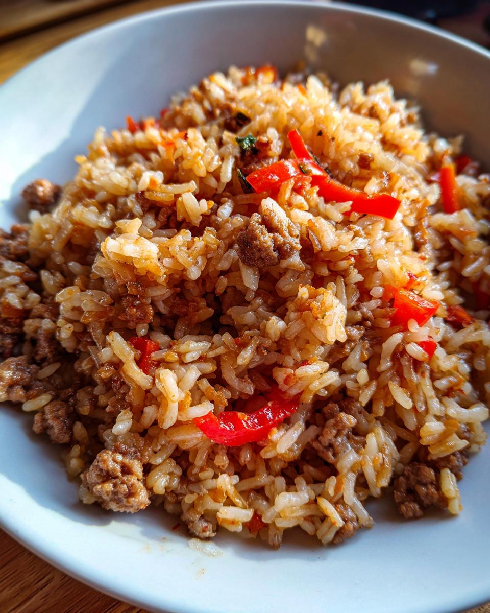 Eine Schüssel mit appetitlichem Djuvec-Reis mit Hackfleisch und roten Paprikastücken, warm beleuchtet.