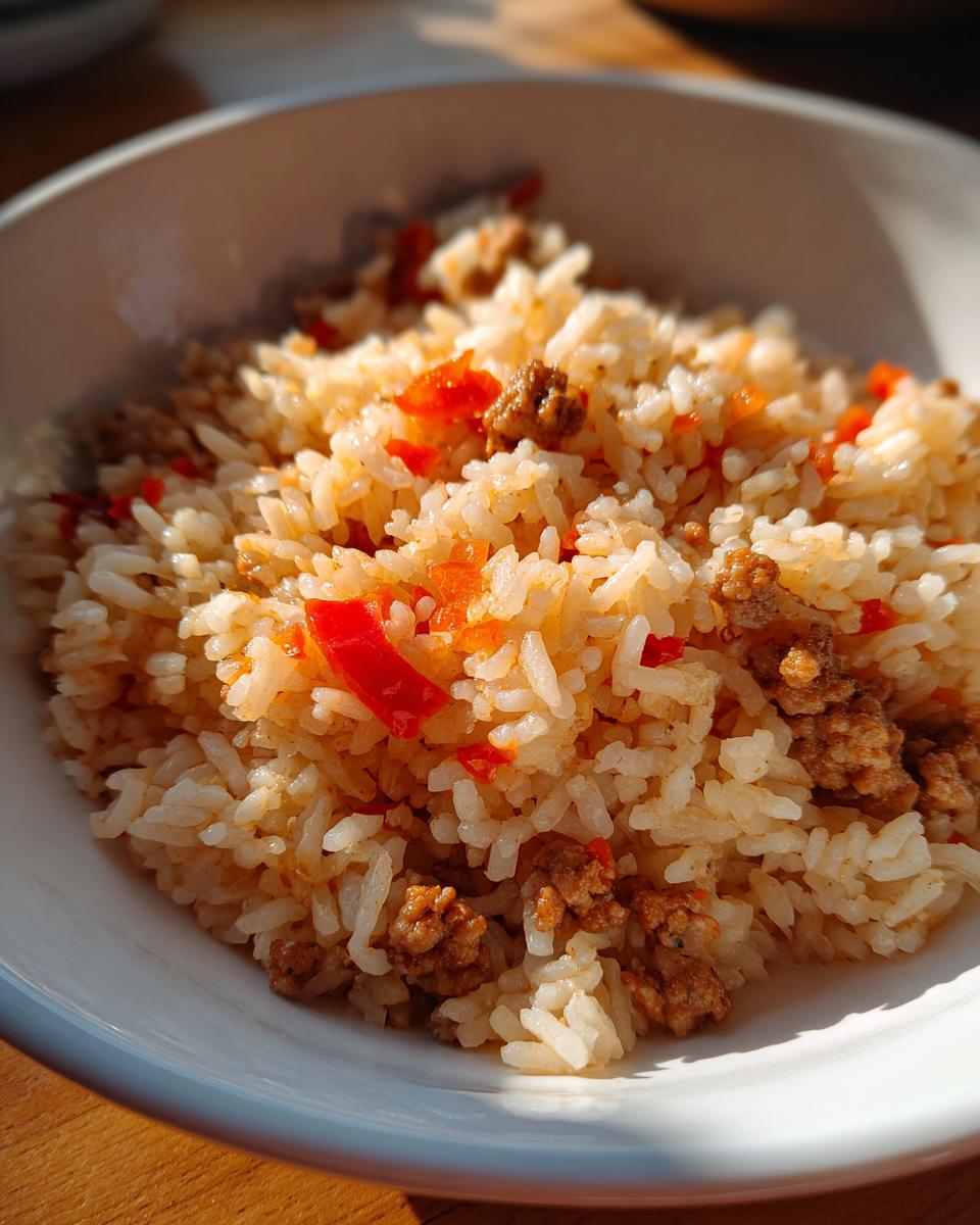 Eine Schüssel mit lockerem Djuvec-Reis mit Hackfleisch und roten Paprikastücken, im warmen Sonnenlicht.