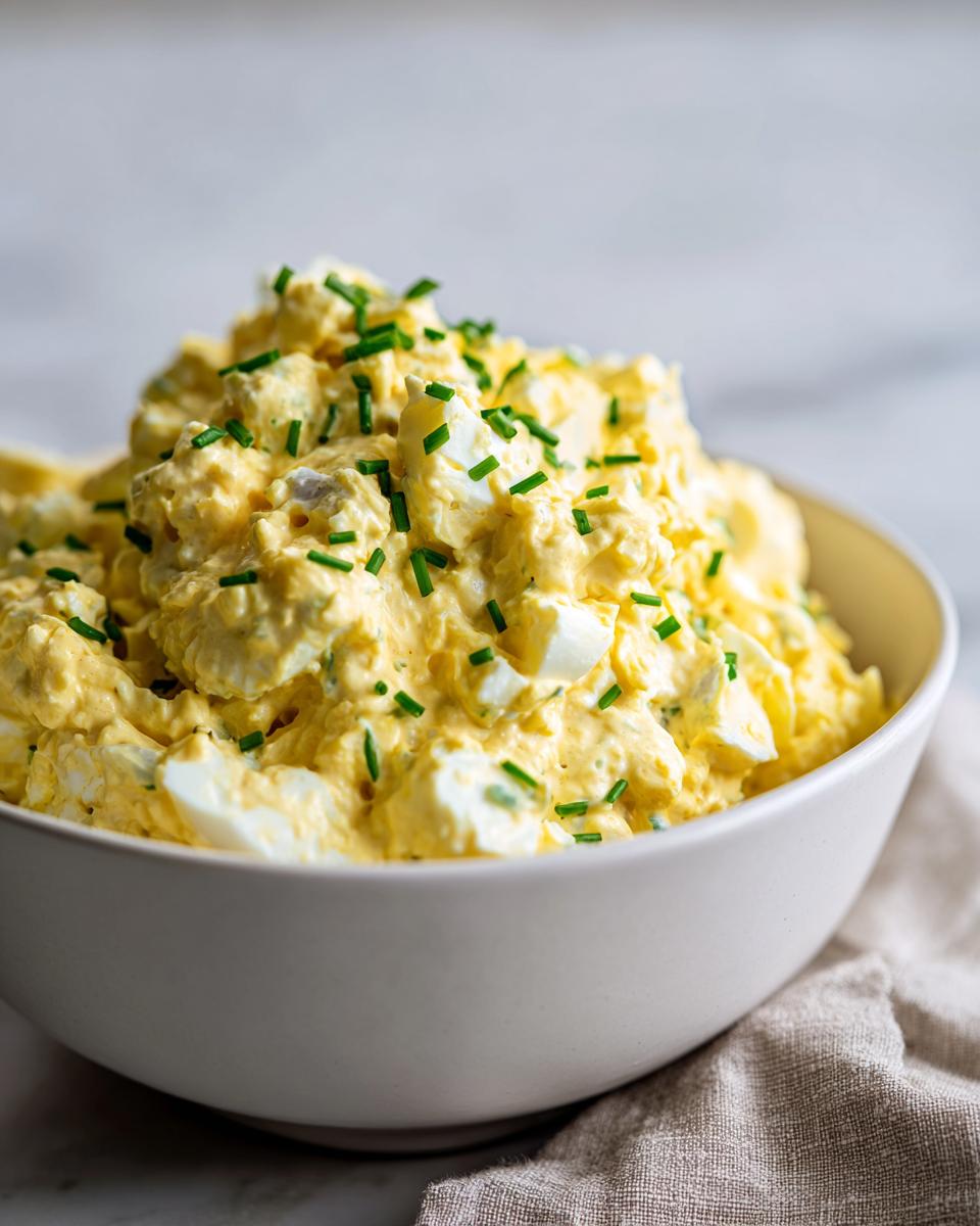 Nahaufnahme von cremigem Eiersalat wie früher, garniert mit frischem Schnittlauch, in einer hellen Schale.