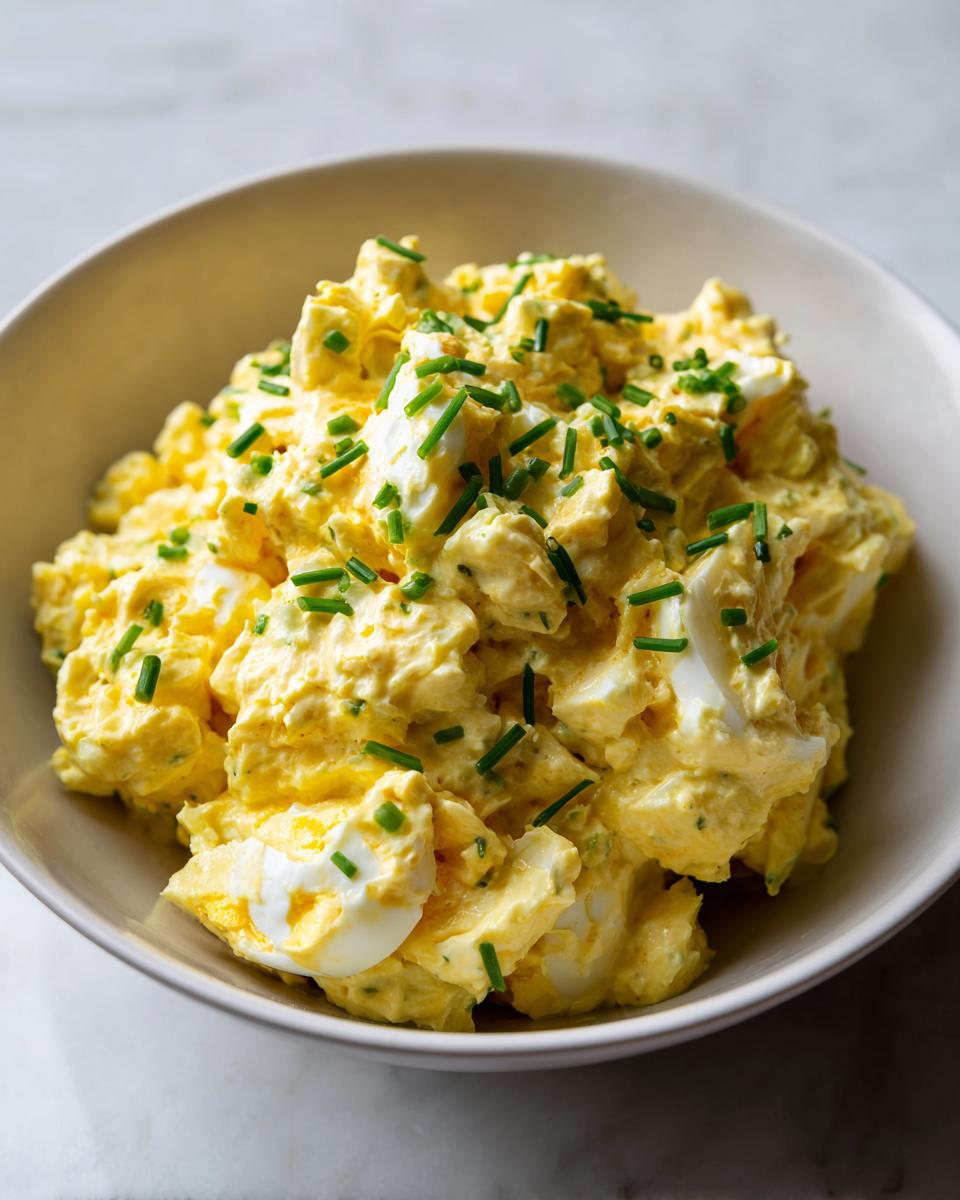 Nahaufnahme von cremigem Eiersalat wie früher, garniert mit frischem Schnittlauch in einer hellen Schale.