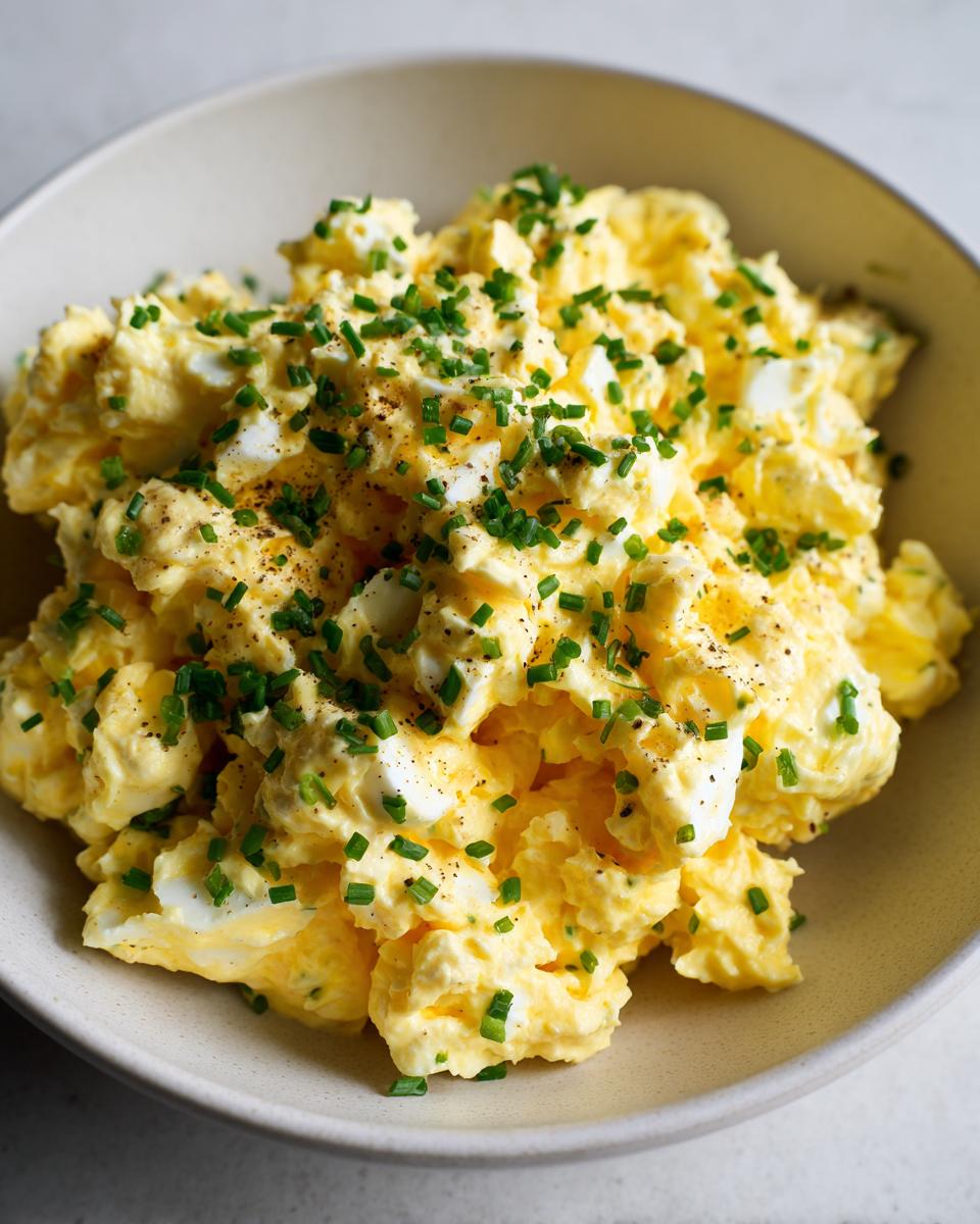 Cremiger Eiersalat wie früher, garniert mit frischem Schnittlauch und Pfeffer in einer beigen Schüssel.