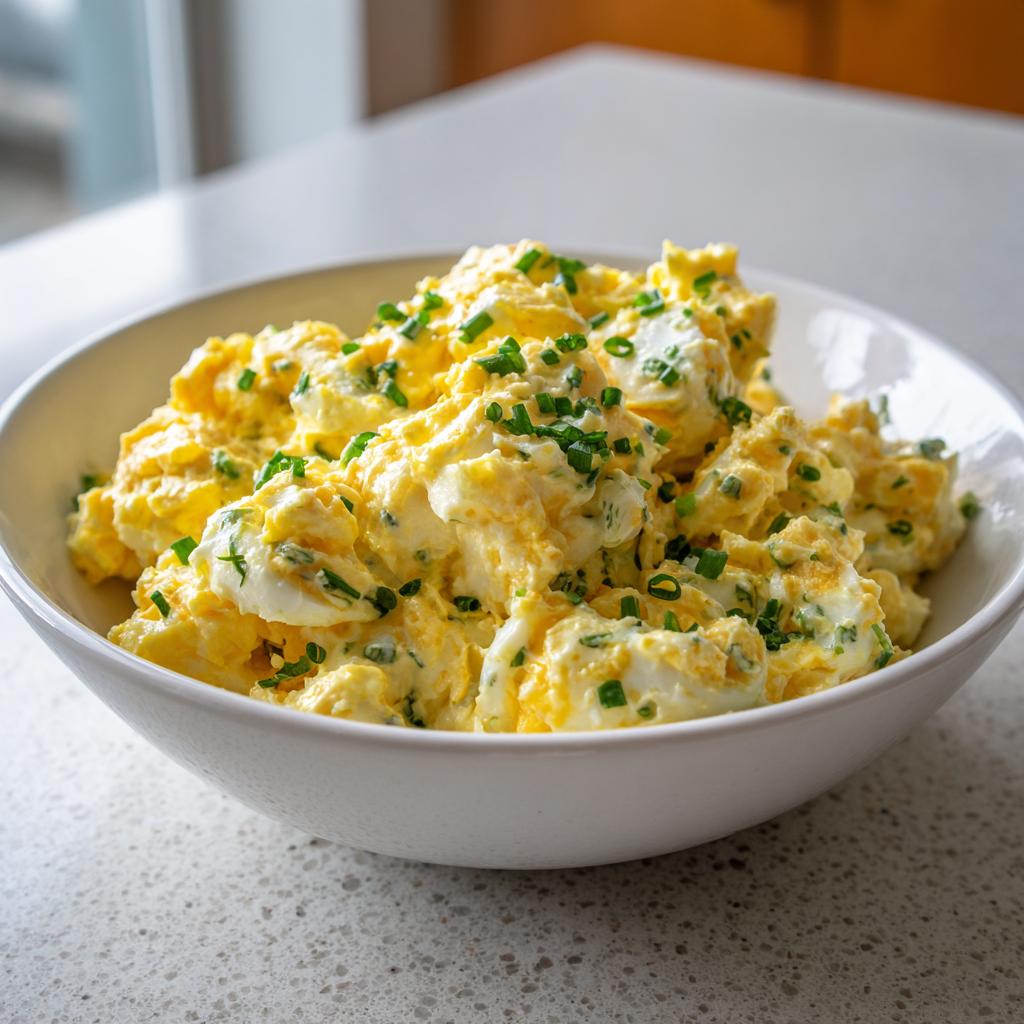 Nahaufnahme von cremigem Eiersalat wie früher, garniert mit frischem Schnittlauch, in einer weißen Schüssel.