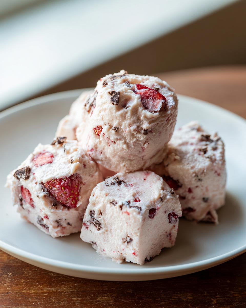 Ein Stapel cremiger Erdbeer-Schoko-Yogurt-Bites aus dem Gefrierfach, garniert mit Erdbeerstückchen und Schokochips.