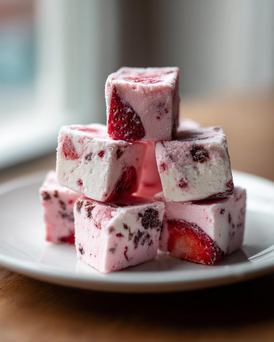 Ein Stapel gefrorener Erdbeer-Schoko-Yogurt-Bites mit sichtbaren Erdbeerstücken auf einem weißen Teller.
