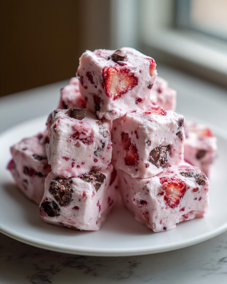 Ein Stapel rosa Erdbeer-Schoko-Yogurt-Bites mit sichtbaren Erdbeerstücken und Schokostückchen auf einem weißen Teller.