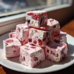 Ein Haufen rosa Erdbeer-Schoko-Yogurt-Bites mit sichtbaren Fruchtstücken, gestapelt auf einem weißen Teller.