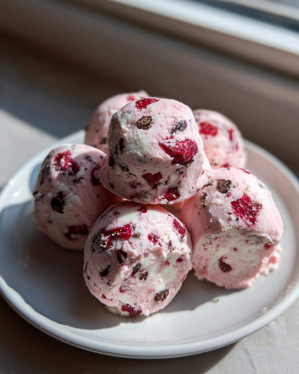Ein Haufen frisch geformter Erdbeer-Schoko-Yogurt-Bites mit sichtbaren Erdbeerstücken und Schokostückchen auf einem weißen Teller.