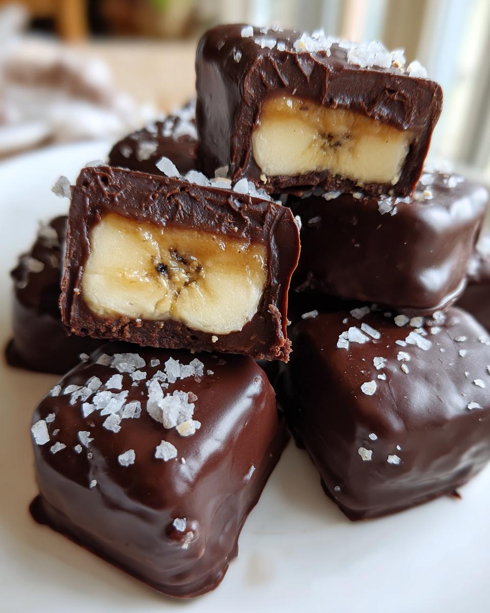 Aufgeschnittene Erdnussbutter-Schoko-Bananen-Happen mit Bananenfüllung und dunkler Schokolade.