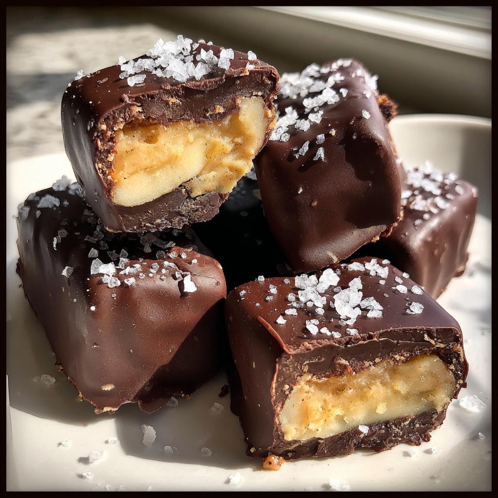 Nahaufnahme von gestapelten Erdnussbutter-Schoko-Bananen-Happen, umhüllt von dunkler Schokolade und bestreut mit grobem Meersalz.