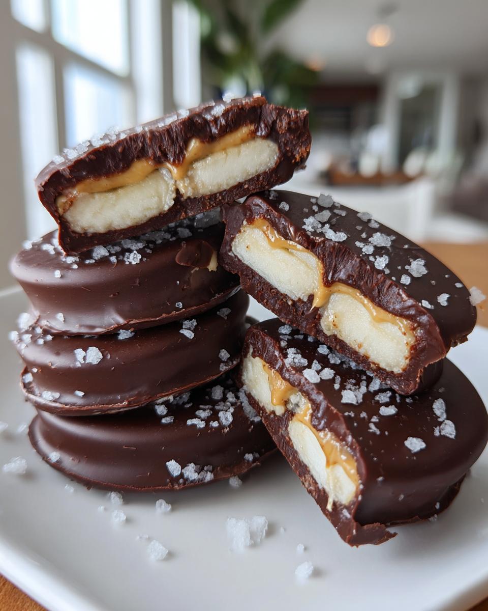 Stapel von Erdnussbutter-Schoko-Bananen-Happen, aufgeschnitten, um die Banane und Erdnussbutter zu zeigen, bestreut mit Meersalz.