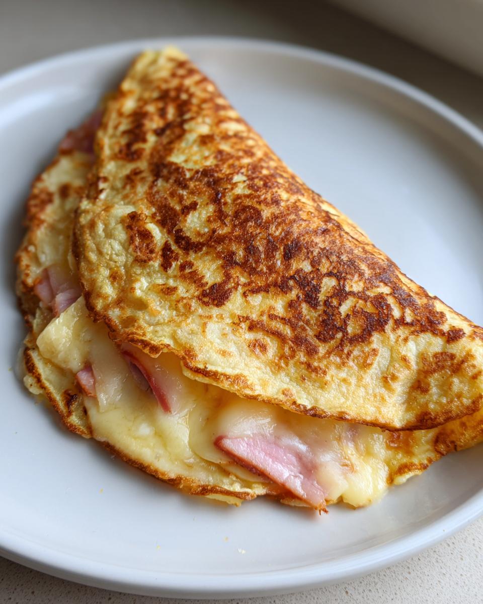 Nahaufnahme eines gefalteten, goldbraun gebratenen Cheese-Wraps aus der Pfanne, gefüllt mit geschmolzenem Käse und Schinken.