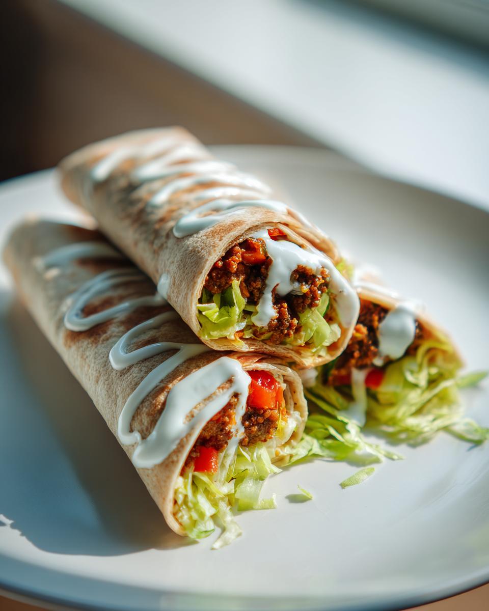 Zwei appetitliche Wraps mit Hackfleisch, Salat und einem Guss aus Knoblauchcreme auf einem weißen Teller.