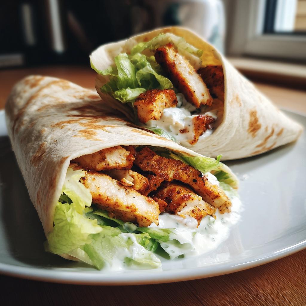 Zwei saftige Wraps mit Hähnchen und Knoblauchdip, gefüllt mit knackigem Salat, auf einem Teller.