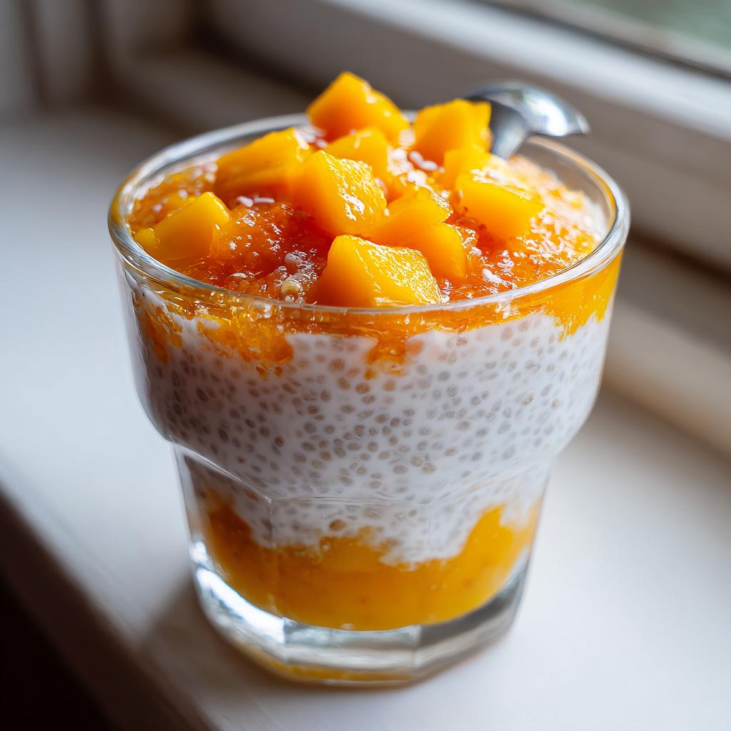 Nahaufnahme eines geschichteten Mango-Kokos-Chia-Pudding im Glas, garniert mit frischen Mangowürfeln.