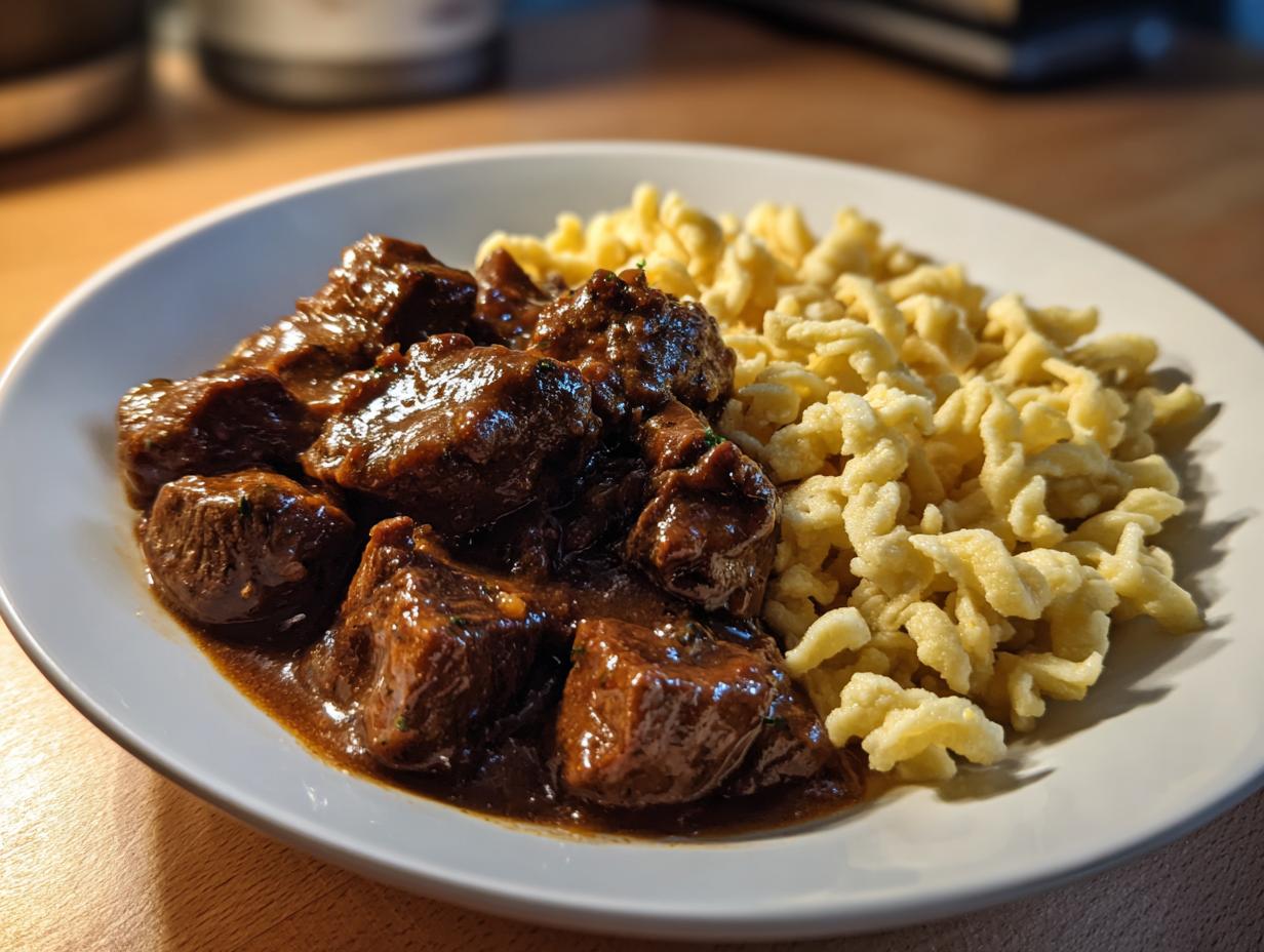 Rindergulasch mit Spätzle: 2,5 Std Schmorzeit