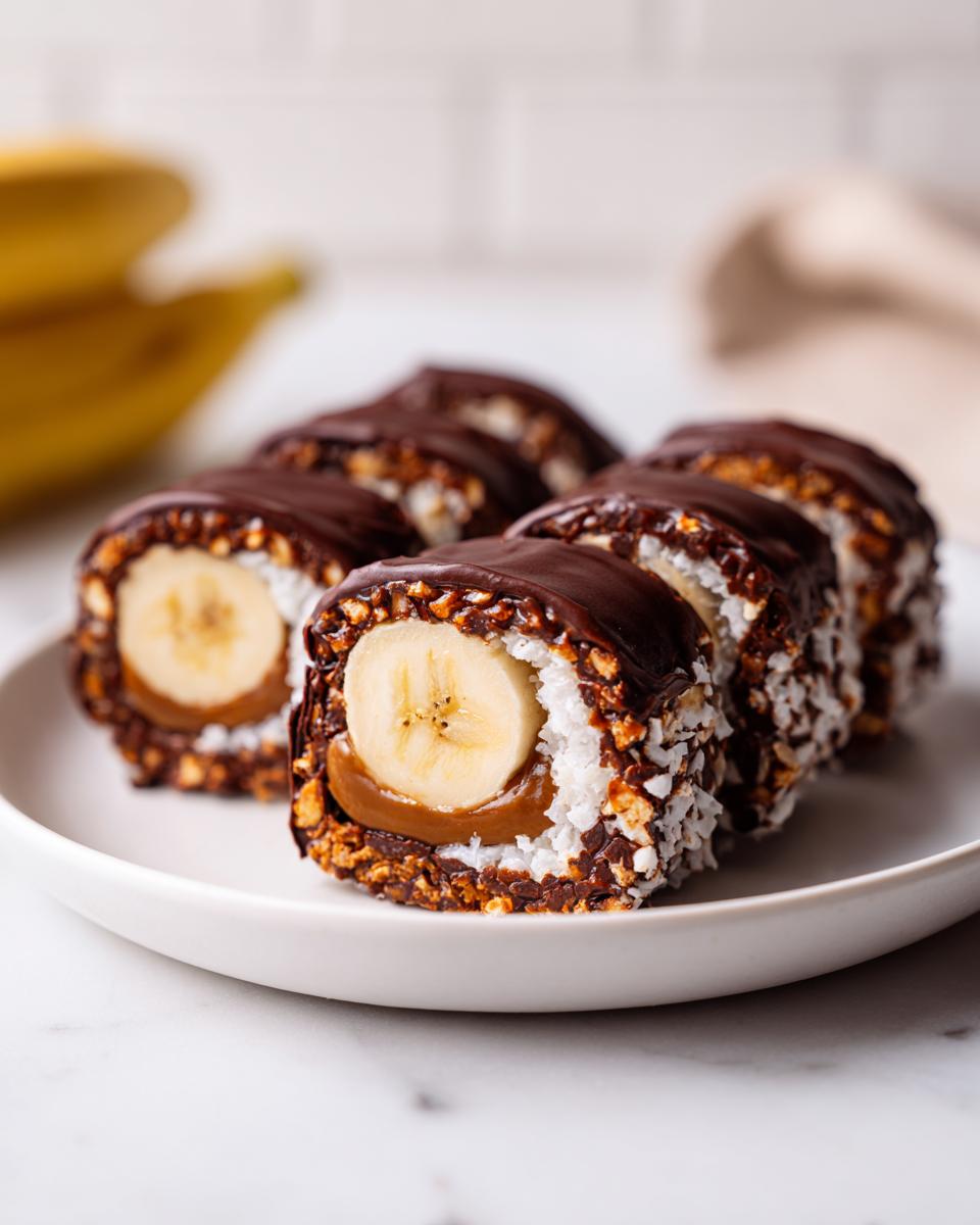 Nahaufnahme von mehreren Stücken Schoko-Bananen-Sushi, gefüllt mit Banane und Karamell und umhüllt von Schokolade und Kokosraspeln.