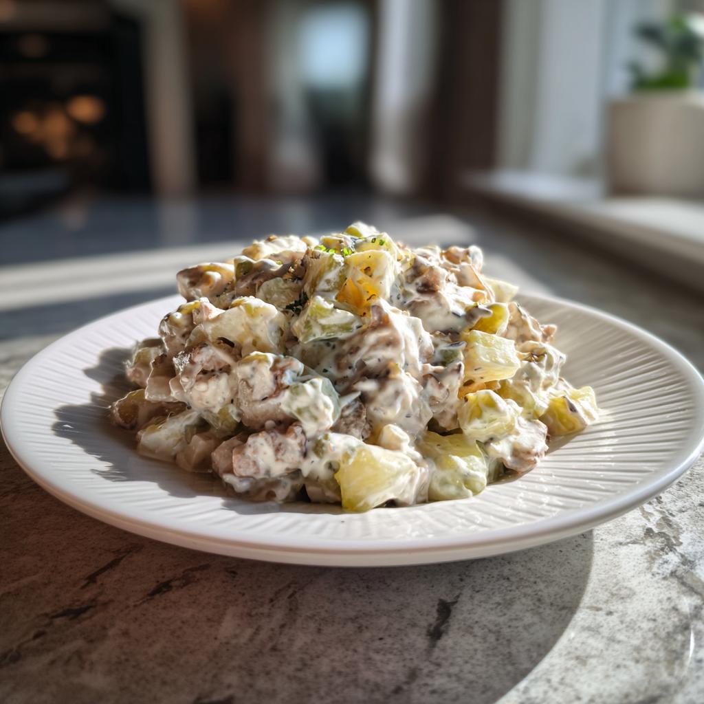 Ein cremiger Haufen hausgemachter Fleischsalat mit Kartoffelstücken und Fleisch auf einem weißen Teller.