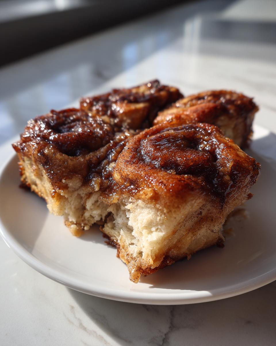 Nahaufnahme von fluffigen Apfelkuchen-Zimtschnecken mit glänzender Zimtfüllung auf einem weißen Teller.