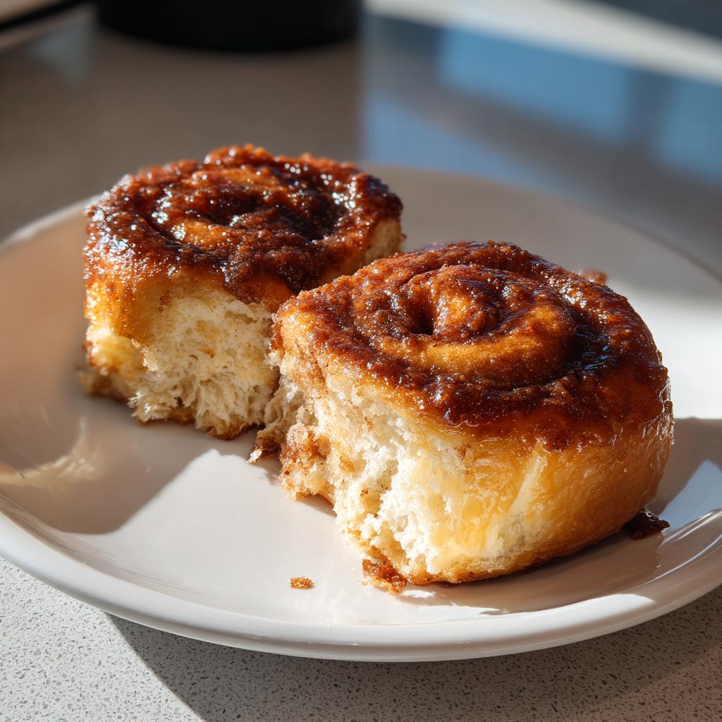 Zwei frisch gebackene Apfelkuchen-Zimtschnecken mit klebriger Zimtglasur auf einem weißen Teller.