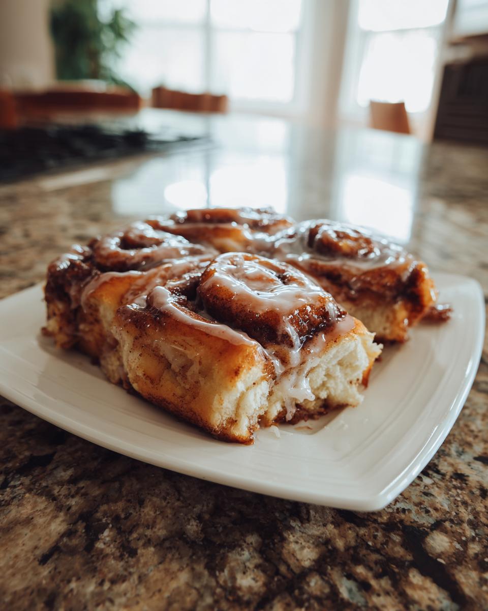 Nahaufnahme von fluffigen Apfelkuchen-Zimtschnecken, übergossen mit weißem Zuckerguss, auf einem weißen Teller.