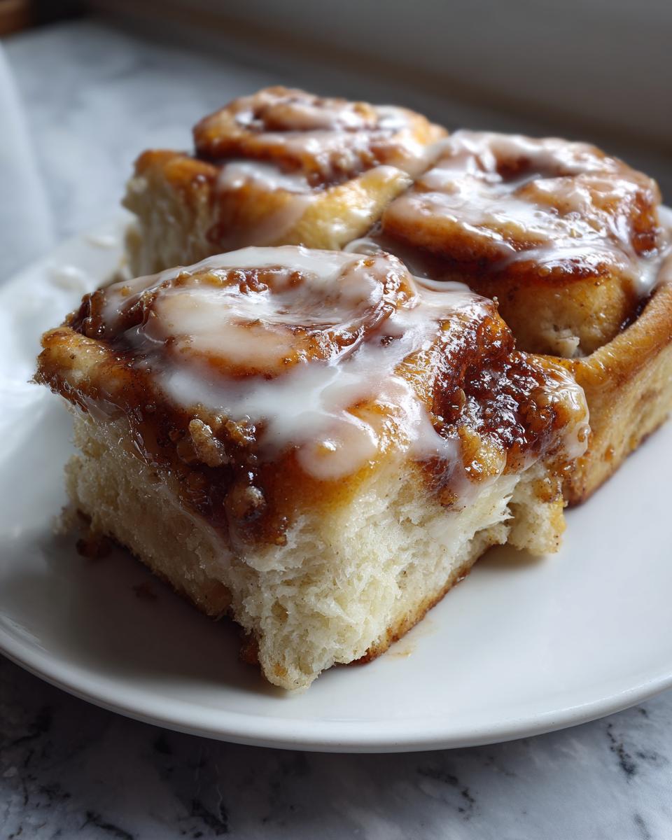 Nahaufnahme von fluffigen Apfelkuchen-Zimtschnecken, üppig mit Zimtfüllung und weißem Zuckerguss bedeckt.