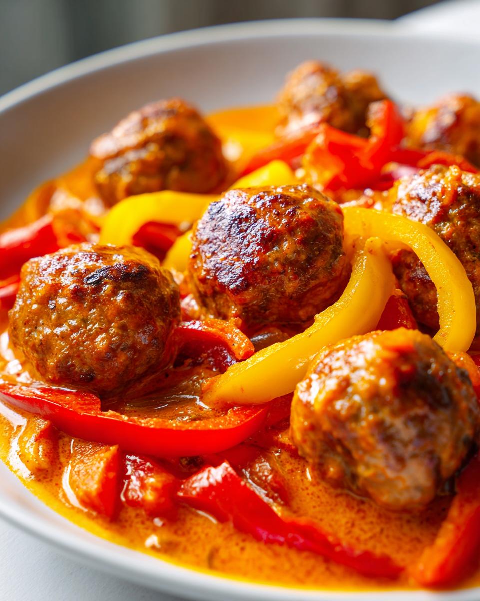 Nahaufnahme von saftigen Frikadellen in einer cremigen, orangen Paprikarahm-Sauce mit roten und gelben Paprikastreifen.
