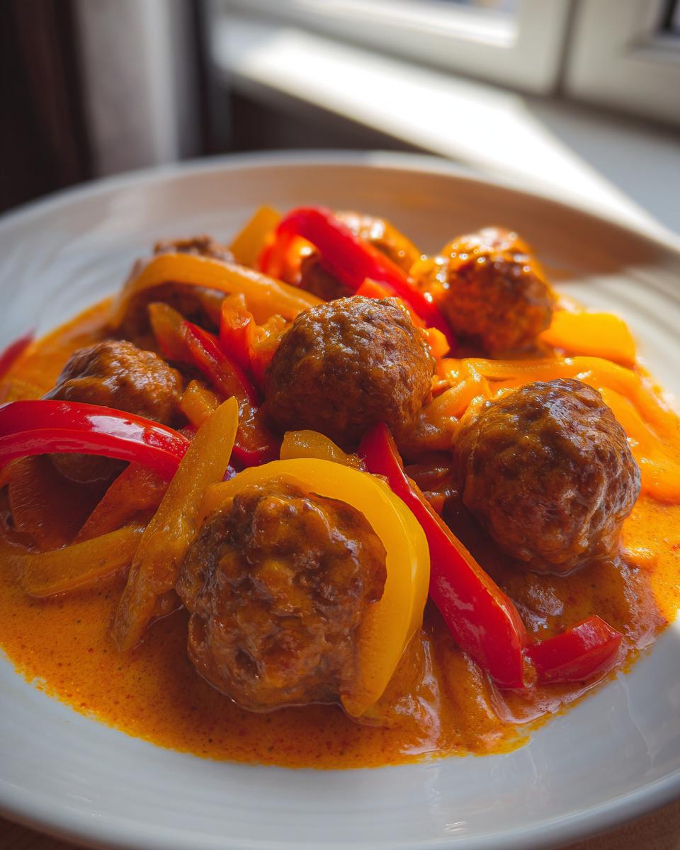 Nahaufnahme von saftigen Frikadellen in Paprikarahm mit roten und gelben Paprikastreifen auf einem weißen Teller.