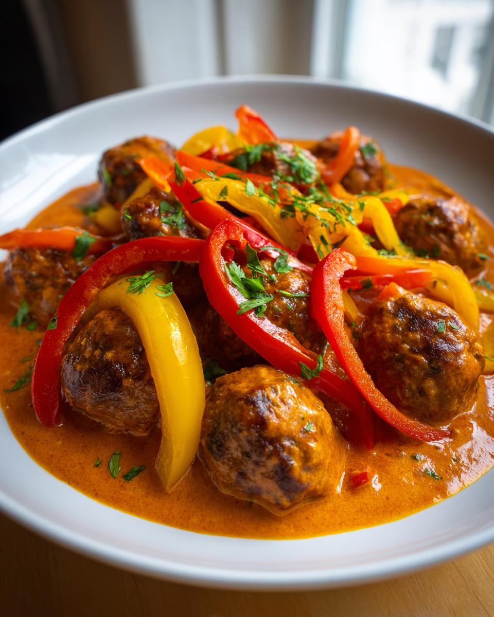 Teller mit saftigen Frikadellen in cremiger Paprikarahm-Sauce, garniert mit roten und gelben Paprikastreifen.