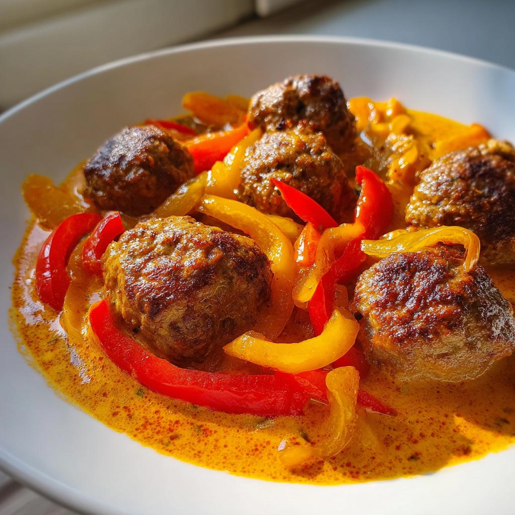 Frikadellen in Paprikarahm mit leuchtend roten und gelben Paprikastreifen in cremiger Sauce.