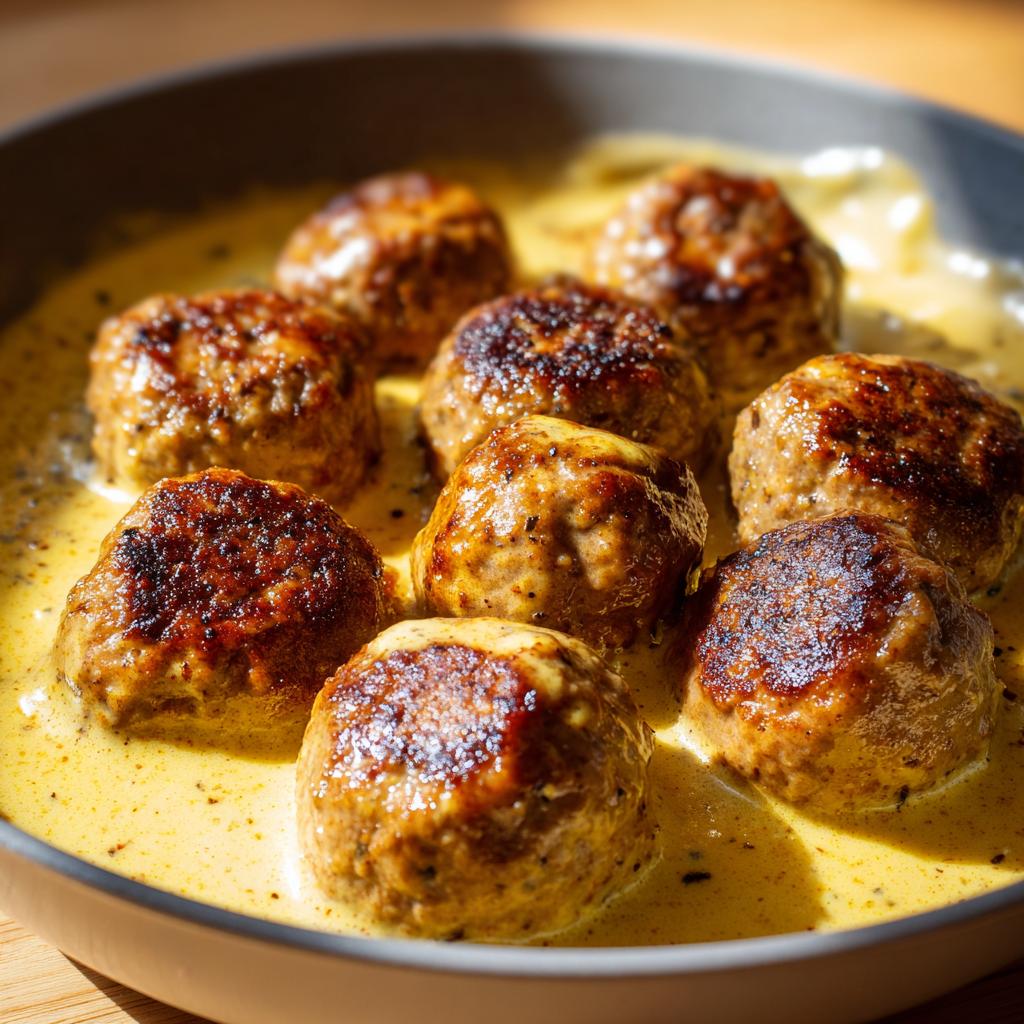 Acht goldbraun gebratene Frikadellen in einer cremigen, gelblichen Senfsauce in einer dunklen Pfanne.