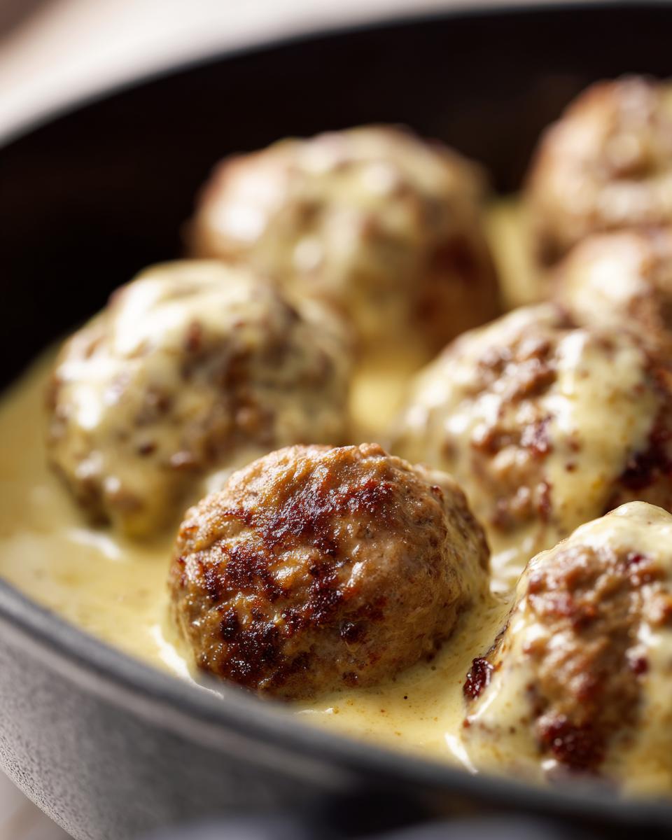 Nahaufnahme von saftigen Frikadellen in einer cremigen, gelben Senfsauce in einer dunklen Pfanne.