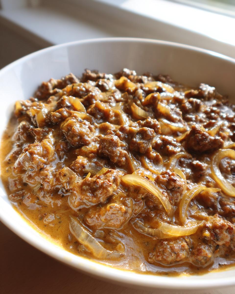 Nahaufnahme von saftigen Frikadellen in einer cremigen, braunen Zwiebelsauce in einer weißen Schüssel.