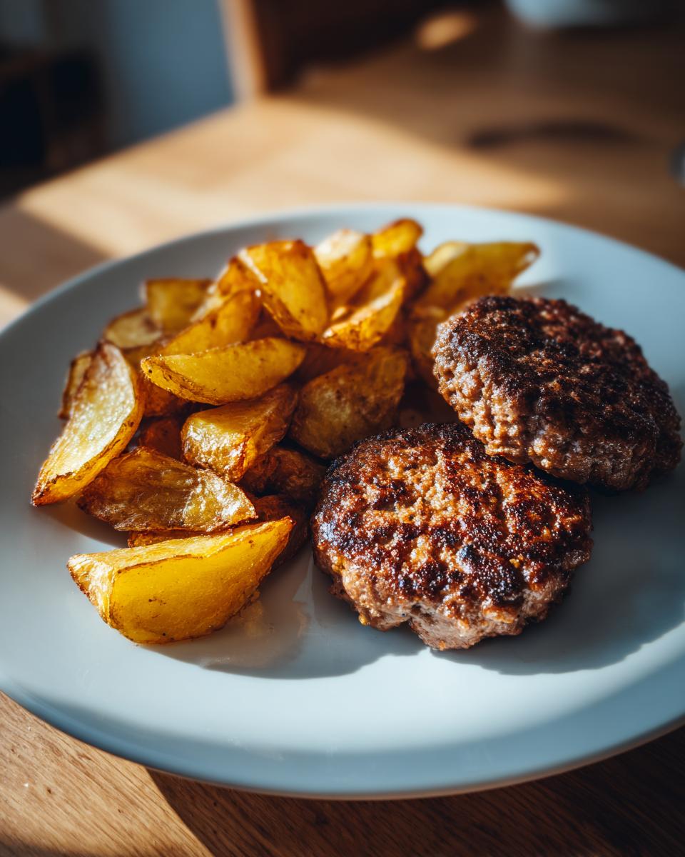 Zwei saftige Frikadellen neben knusprigen Bratkartoffeln auf einem hellen Teller.